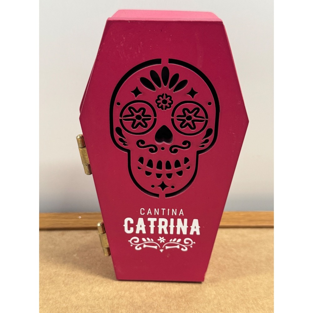 Cantina Catrina Pink Wooden Coffin Box with Articulated Skeleton Sugar Skull